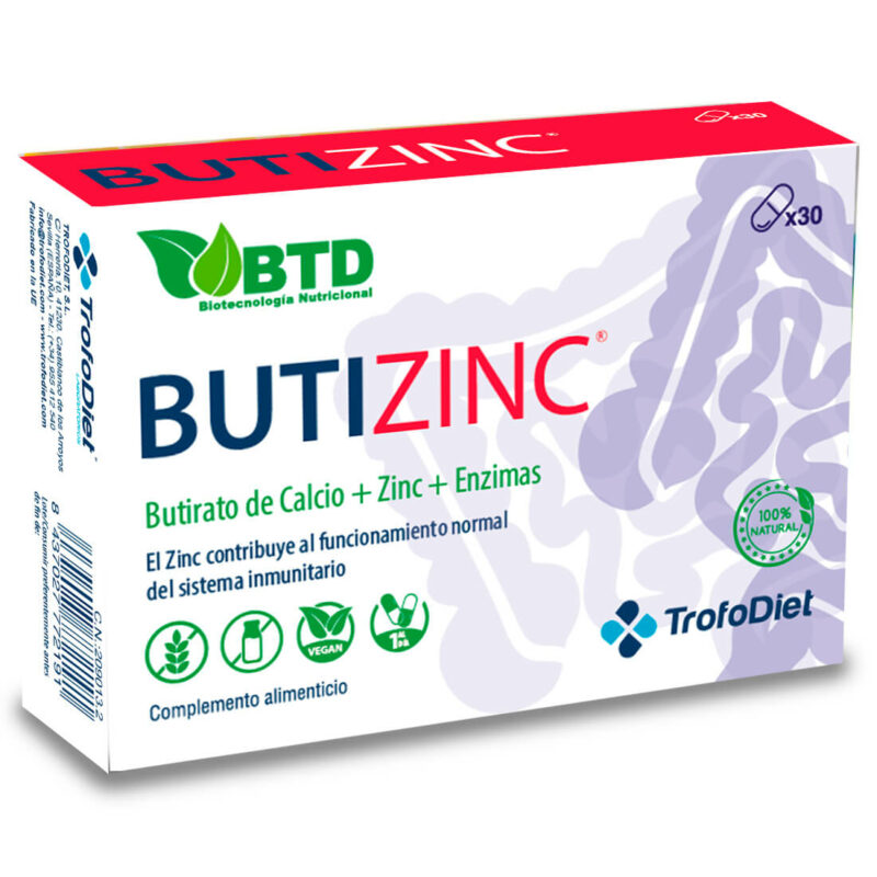 BUTIZINC 30 cápsulas. Butizinc® es un complemento alimenticio innovador que combina Butirato de calcio, Citrato de Zinc y Enzimas Digestivas ingredientes clave que trabajan sinérgicamente para apoyar la salud digestiva y fortalecer el sistema inmunológico. Esta fórmula está diseñada para mejorar la función intestinal, promover el equilibrio de la flora intestinal y ofrecer un refuerzo natural a las defensas del cuerpo.