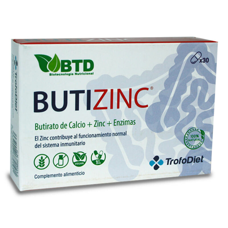 BUTIZINC 30 cápsulas. Butizinc® es un complemento alimenticio innovador que combina Butirato de calcio, Citrato de Zinc y Enzimas Digestivas ingredientes clave que trabajan sinérgicamente para apoyar la salud digestiva y fortalecer el sistema inmunológico. Esta fórmula está diseñada para mejorar la función intestinal, promover el equilibrio de la flora intestinal y ofrecer un refuerzo natural a las defensas del cuerpo.