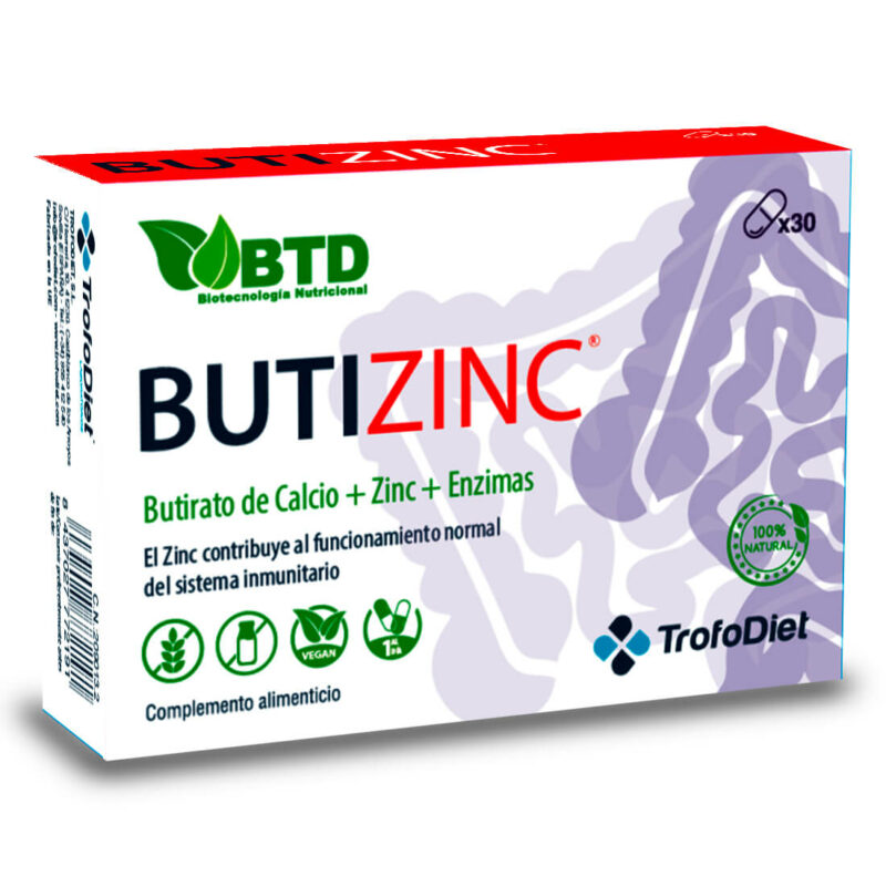 BUTIZINC 30 cápsulas. Butizinc® es un complemento alimenticio innovador que combina Butirato de calcio, Citrato de Zinc y Enzimas Digestivas ingredientes clave que trabajan sinérgicamente para apoyar la salud digestiva y fortalecer el sistema inmunológico. Esta fórmula está diseñada para mejorar la función intestinal, promover el equilibrio de la flora intestinal y ofrecer un refuerzo natural a las defensas del cuerpo.