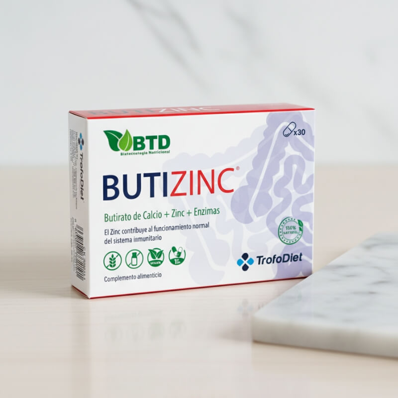 BUTIZINC 30 cápsulas. Butizinc® es un complemento alimenticio innovador que combina Butirato de calcio, Citrato de Zinc y Enzimas Digestivas ingredientes clave que trabajan sinérgicamente para apoyar la salud digestiva y fortalecer el sistema inmunológico. Esta fórmula está diseñada para mejorar la función intestinal, promover el equilibrio de la flora intestinal y ofrecer un refuerzo natural a las defensas del cuerpo.