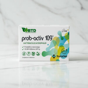 Prob-Activ 109® es un complemento alimenticio diseñado para promover una flora intestinal equilibrada, mejorar la digestión y fortalecer el sistema inmunológico. Con una fórmula concentrada que combina Lactobacillus acidophilus y Arabinogalactano, Prob-Activ 109® ofrece un apoyo integral para la salud digestiva, favoreciendo la digestión saludable y ayudando a mejorar la absorción de nutrientes.