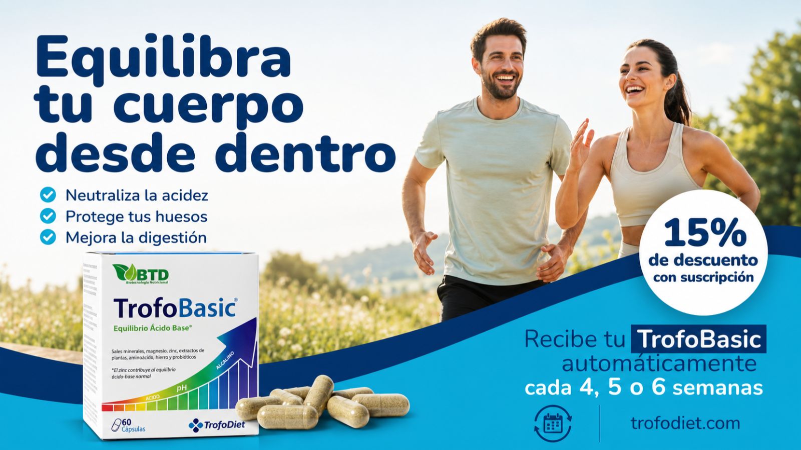 Regula tu pH y neutraliza la acidez con TrofoBasic en Asturias. Fórmula con magnesio, zinc y probióticos. ¡Suscríbete ahora y consigue un 15% de descuento!