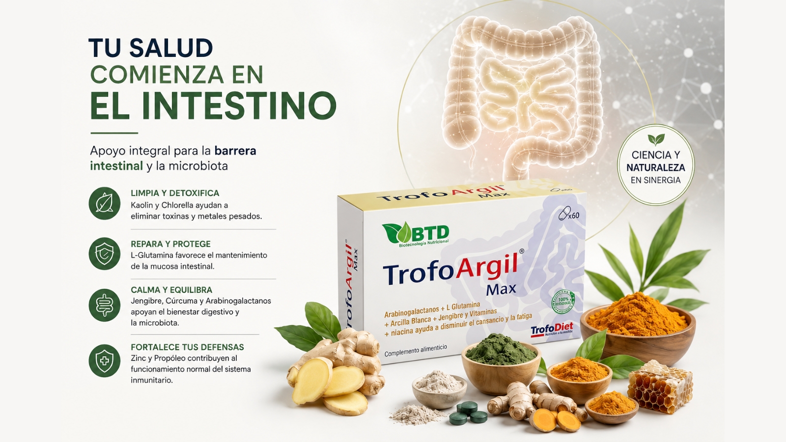 Descubre cómo la salud intestinal influye en tu bienestar general. Conoce TrofoArgil Max de Trofodiet, una fórmula diseñada para apoyar el equilibrio digestivo en Santander.