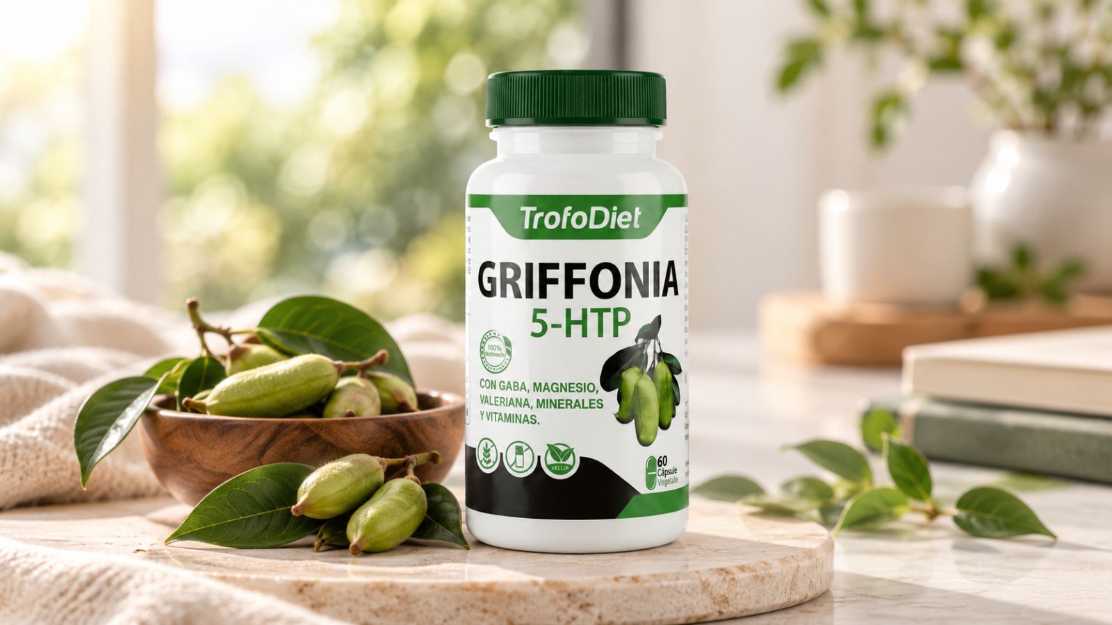 Conoce Griffonia 5-HTP de Trofodiet, una fórmula con Griffonia, GABA, magnesio y valeriana para complementar una rutina orientada al bienestar y el descanso.